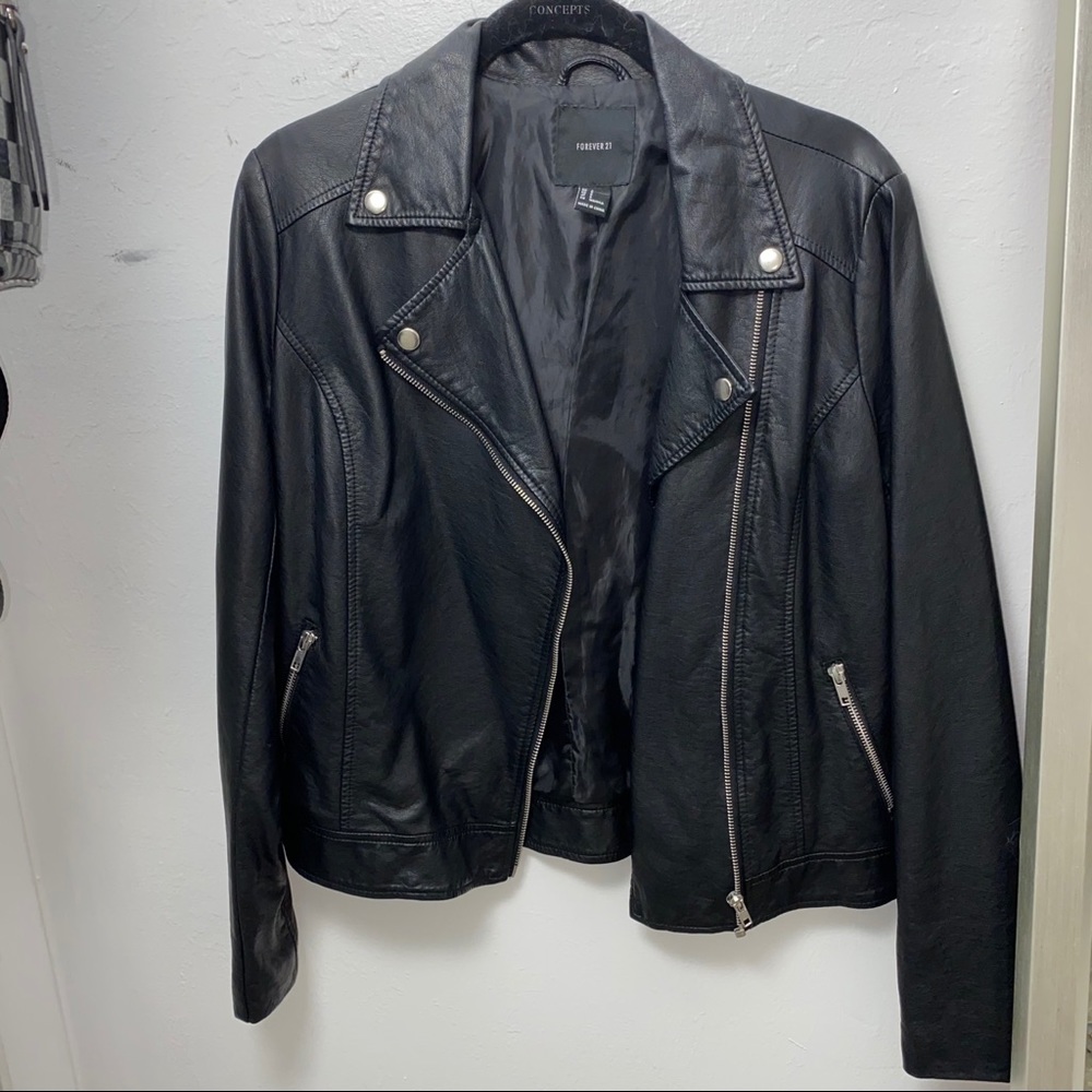 black faux leather jacket with zippers
